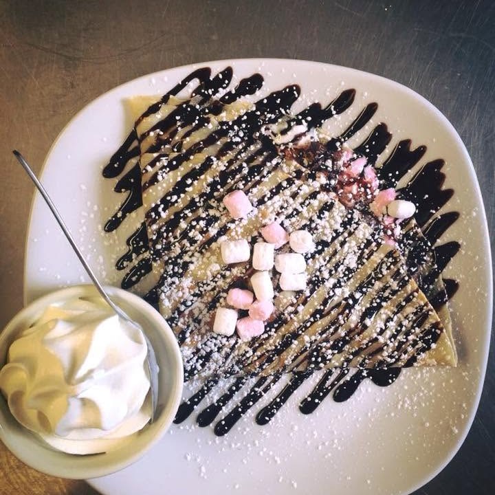A Rocky Road crêpe with chocolate sauce and marshmallows