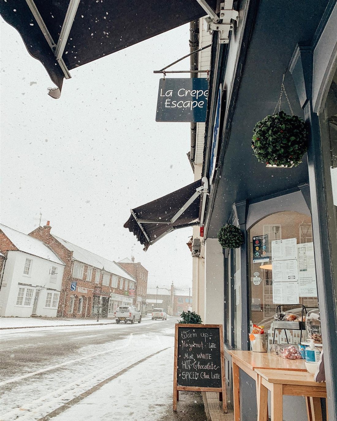 La Crepe Escape on a snowy High Street